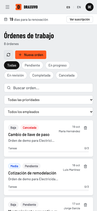Lista de órdenes de trabajo con filtros por estado, prioridad y empleado; cada orden muestra su prioridad, estado, responsable, fecha y avance de tareas.