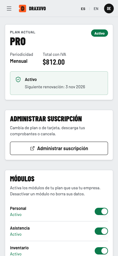 Pantalla de suscripción con el plan Pro activo, periodicidad mensual, total con IVA, la próxima renovación y los módulos con su interruptor.